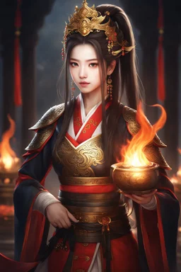 Photograph Best quality, masterpiece, ultra high resolution, pretty 1 girl's portrait close-up, flowing hair, real skin, jewelry, solo, Chinese clothing, armor, flame: 1.2, moon,blurry, realistic, Chinese Zen