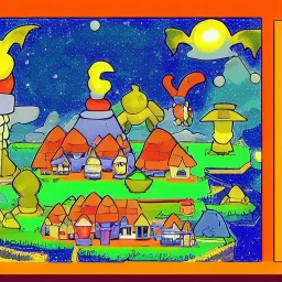 Village in the cosmos in pokemon style and dr seuss style