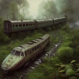 an abandoned train on tracks overgrown by nature with large puddles of water flooding part of tracks, 8k resolution, high-quality, fine-detail, intricate, digital art, detailed matte, volumetric lighting, illustration, 3D octane render, brian froud, howard lyon, selina french, anna dittmann, annie stokes, lisa parker, greg rutowski