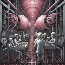 by Anton Semenov and Gerald Scarfe and Pawel Kuczynski, surreal nightmare-scape, Welcome to the Machine, assembly line leading into a horrifying bone furnace, Pink Floyd Album art, color ink illustration, sharp focus, surreal concept art, by Zdzislaw Beksinski