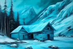 A cyan snowfield with a frozen cabin painted by Leonardo da Vinci