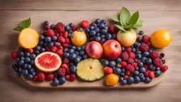 Set of summer fruits and berries in wooden serving.