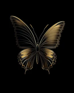 Mesmerizing minimalist illustration features an elegant, meticulously crafted golden butterfly. The simple yet sophisticated design contrasts sharply with a black background. The butterfly's wings exhibit a harmony that shows the artist's mastery in fusing typography and visual art. This striking piece radiates a sense of refined elegance and sophistication, captivating the viewer's attention with its subtle complexity.