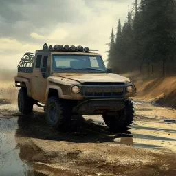 stylized hyperrealistic shot, muddy military pickup truck, monotone color palette, sharp focus, puddle reflection, tire water splash, refraction, mist on the horizon, shadowcast, god rays, detailed and intricate, cinematic composition, micro, tilt shift photography