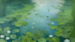Un estanque visto desde arriba de nenúfares en un jardín. Los tonos suaves azulados y verdosos estan difuminados creando una sensación de calma y serenidad. Los nenúfares sin flores reflejan el cielo. La imagen tiene un estilo expresionista inspirado en Monet