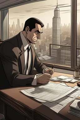Comi We can see Marwan sitting in his office, trying to prove himself in front of his co-workers. Marwan wears a tuxedo and holds a large piece of paper in his hand. Marwan seems nervous, trying hard to convince his colleagues that he can accomplish the task he has been tasked with. In the background, we can see a big city in the Middle East, which reflects the activity and vitality of the region.