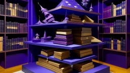 A purple witch's magical library with floating books designed in Japanese origami painted by Karl Wiener