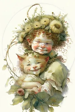 Artist Jean-Baptiste Monge style. A young toddler Elf child is smiling.pale skin.curly fine hair. round baby face. hugging her pet cat. her ears pointed. freckles across her nose and face. wreath of flowers in hair.