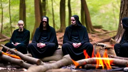 Black robed monks sitting around a fire in the forest