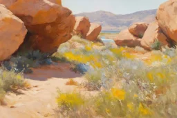 Sunny day, trees, flowers, rocks, arid land, vegetations, distant rocky mountains, distant river, sci-fi, willem maris, and otto pippel paintings