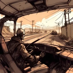 A man driving a car on hightway, Wall, post-apocalyptic, rough sketch