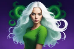 her alluring silhouette to her white hair, violet and curly, framed her face in a pixar-esque charm that whispered secrets of Scandinavian allure. she wears green t-shirt, showcase that tempts the imagination - Facing forward with arms raised, with her huge, adorable eyes she embodies the essence of the Cthulhu mythos, a dark sorceress from the depths of the universe. Surrounded by elements of deep sea mystery - an octopus, jellyfish, and mushroom. a super vision in the junkyard of 2013. In a