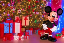 mickey mouse wishing me "Merry Christmas" with lights and decorations