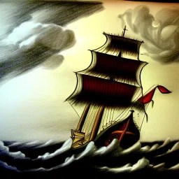 Dibujo de un Galeón español en una tormenta con estilo de Rafael Sanzio