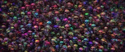 a field of 1000s of psychedelic psilocybin induced anatomically correct, skulls, vivid RANDOM BRIGHT neon colors, dark comedy, well lit, high detail, photorealistic, horrorcore, fun, scary, none featured, each a different color or hue, close to anatomically correct