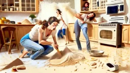 woman on the phone while husband pours baking flour all over the the floors and throw rug looking for make believe invisible tabletiops