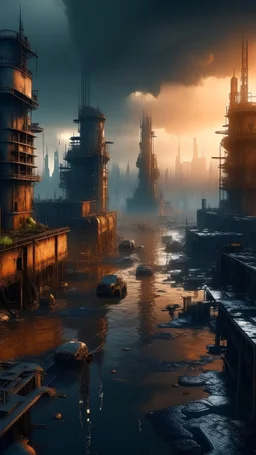 After the greenhouse effect, The city of 2023, polluted city, A bunch of factories, lightning and rainstorms, polluted water. Surreal, wonderful craftsmanship, depth of field, sharp focus, unique art, 8k, mysterious