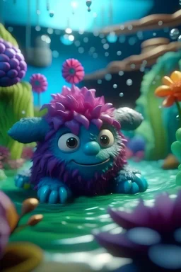 portrait cute fluffy toy wolly illithid in a water slide holding weird flowers in his trunk in the style of pixar, on a strange planet with weird colors and wind turbines, bokeh like f/0.8, tilt-shift lens 8k, high detail, smooth render, down-light, unreal engine, prize winning