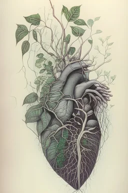 Drawing of a realistic heart where veins connect with creeper plant branches and flowers by salvador dali