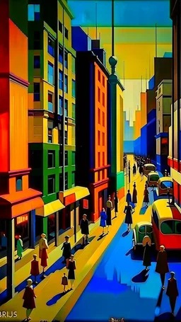 hustle and bustle in Berlin 1925; Bauhaus style, impasto, centered, ((excellent symmetry)), cinematic, dramatic, dynamic, ((great verticals)), ((great parallels)), excellent shadows, sharp shadows, (wild contrasts), (vivid bold colors)