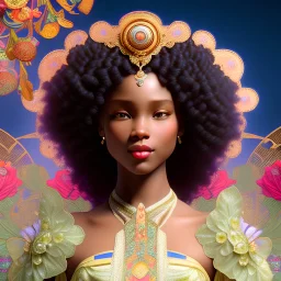 afro 3d Disney smilling woman, Alphonse Mucha, Hector Guimard, Valentine's Day , 32K, intricately detailed, plants, flowers, colorful, rtx, unreal engine 5, art nouveau, clouds, smoke, square type face