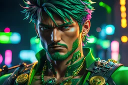 Zoro Body parts mechanism in 8k live action anime artstyle, one piece them, Young man, cyberpunk, dynamic pose, intricate details, neon lights , highly detailed, high details, detailed portrait, masterpiece,ultra detailed, ultra quality