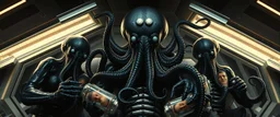 master oil painting by Rembrandt, black glistening slimy octopus insectoid hypnotic Nephilim tribe trauma watchers commando in spaceship with some scared humans in canisters, in the style of Giger, 3d anime