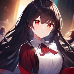 Clear focus, high resolution, black long fluffy hair, red eyes, wearing a poor outfit