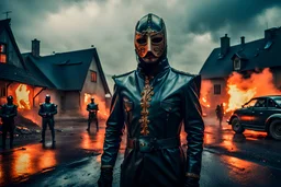 Peter McKinnon-Ernst Stöhr oil painting, a masked 70's milizia guards wears leather body-paint tigh-fitting suit costume, futuristic Sid Mead cyberpunk movie dark car, people arrested, in front of a France medieval burning village, dinamic scene, three quarter view, stormy rainy day, stunning details, 8k, style raw style raw, neon pop '80s oil paint-style raw, Mario Bava-Boris Mikhailov-Alex Strohl,greg rutkowski