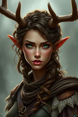 A female fantasy warrior with antlers, olive toned skin, long brown curly hair, green eyes. Quirky face