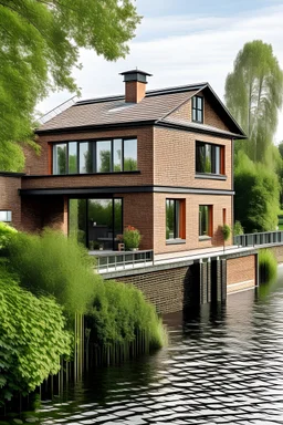 a two storey danish house next to a lake made from bricks and sloped roof, terrace in front and a balcony
