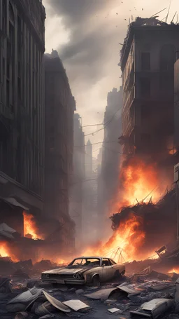 City ruined, fire in the building destroyed, apocalipsis, car, large street, distance building, pile of corpses, people lying on the ground