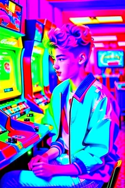 a millineal teenage boy is playing video arcade games, bright colored clothes from the 90s, hairstyles of that time