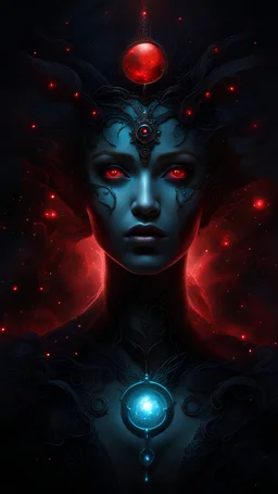 dark fantasy, bioluminescent goddess, ominous atmosphere, sparkles, red eyes, world of wonders scenario