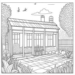 GARDEN HOUSE, "Sunlit Serenity: Bask in the warmth of the sun-drenched, full view, realistic, coloring page, only draw lines, coloring book, clean line art, wildlife-inspired, kid style, –no sketch, color, –ar 3:4, white background, minimalistic black lines, 8k, minimal black color, low level black colors, coloring page, use pure black and white colors, avoid thick black colors, thin black line art, avoid colors, perfect shape, perfect clear lines, clear edges,