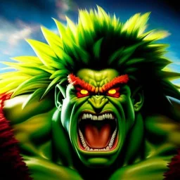 Ultra detailed fullbody Portrait in oil on canvas of Street Fighter- Blanka,extremely detailed digital painting,ultrarealistic skin,intense stare, extremely detailed face, crystal clear eyes, mystical colors ,perfectly centered image, perfect composition, rim light, beautiful lighting,masterpiece ,8k, stunning scene, raytracing, anatomically correct, in the style of Simon Bisley and Ohrai Noriyoshi and robert e howard and Steve Jung and frank frazetta.