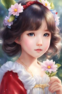 a painting of a little girl with a flower in her hair, realistic cute girl painting, kawaii realistic portrait, adorable digital painting, portrait of snow white, beautiful character painting, realistic anime art style, realistic anime artstyle, portrait anime girl, realistic anime style at pixiv, cute anime girl portrait, detailed portrait of anime girl, realistic young anime girl, anime painting