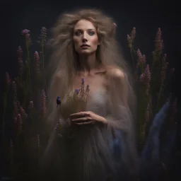 captivating conceptual portrait featuring a Swedish woman with cascading, ethereal hair and an enchanting aura. Her flowing gown is adorned with a diverse array of wildflowers, including Fireweed, Linden flower, Meadow sweet, Cornflower, St. John's wort, Stinging nettle, and Peppermint plant. Her delicate hand tenderly touches a mystical blackbird