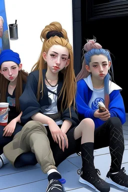 iki kız beraber sokakta oturuyorlar yaşları daha büyük liseliler daha renkli kızlardan birinin saçı kabarık diğerininki ise biraz uzun geniş açı ikisininde vücudu tam görünsün 2d çizgi roman gölgelendirmesi