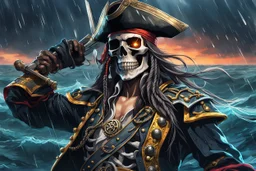 Skeleton pirate in 8k anime cgi drawing style, sea, Storm, close picture, rain, neon, highly detailed, high details, detailed portrait, masterpiece,ultra detailed, ultra quality