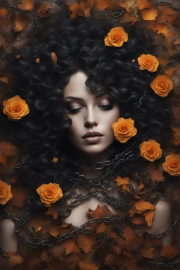 abstract creation of a beautiful girl with black curly hair, surrounded by black roses, thick metal chain broken, glass petals on the ground, autumn colours,dried out thorn bush, chaos,