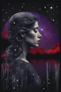 Double exposure of a female person's profile and a utopistic starry night sky, dramatic mood, dark depressive style, highlySurreal reflection, dark, melancholic, purple, gray, red, black colors, surreal abtractions, strange things, Kandinsky world detailed intricate, surreal, stunning,