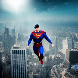 Superman flying, dramatic, cityscape background, dramatic lighting, volumetric lighting, hyperrealisme, 8k, high quality, photorealistic, lot of details