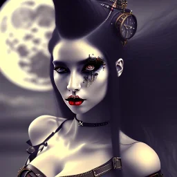 Portrait femme métissée yeux noirs avec des longs cheveux lisses noirs, steampunk, sorcière, lune, 4k