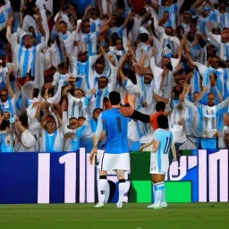 portrait of messi left the world cup with argentina in qatar , lussil stadium , 2022 , vs france , night atmosphere , celebrate