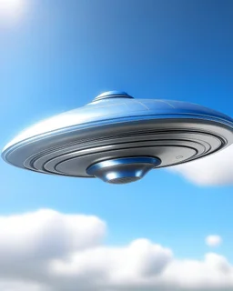 Design a futuristic, silver UFO hovering in a clear blue daytime sky, photorealism