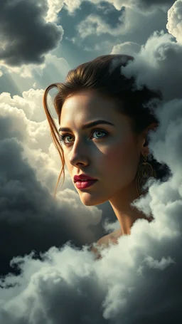 A beautiful eyes of a woman’s with a long earring above swirling clouds, emerges from the heart of a raging storm. Turbulent winds of steam swirl around the louds lit by shafts of sunlight that cast dramatic shadows on the A beautiful woman High quality 16k cinematic scene and great photography