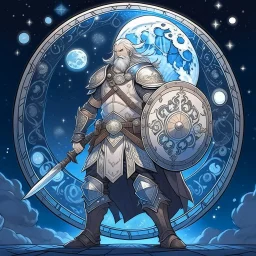 Please create an image for a 30-year old aasimar male with silver hair and a short, square beard and blue eyes. He is standing outside in the moonlight wearing plate armor and wielding a shield and a large hammer. His equipment is adorned in multiple places with crescent moons and stars