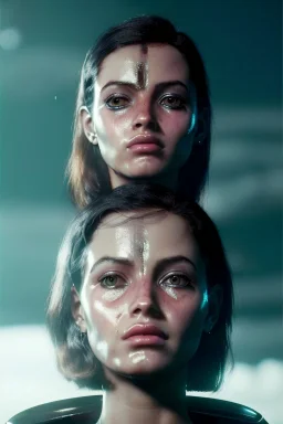 Ultra Realistic retro sci-fi scene, portrait, brunette woman, Ava garner face, perfect iris, glow eyes, makeup. Aliens background, Retro sci-fi style, helmet, tight latex coat, fog, rain, soft color, highly detailed, unreal engine 5, ray tracing, RTX, lumen lighting, ultra detail, volumetric lighting, 3d, finely drawn, high definition, high resolution.