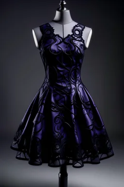 dark purple short dress, without sleeves, made of satin and lace fabric inspired by fractals in geometry.